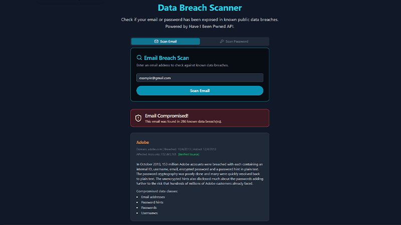 Data Breach Scanner Tool UI