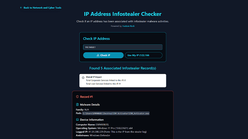 IP Address Infostealer Checker Tool UI